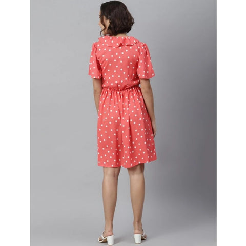 Generic Women's Polyester Polka Flutter Above Knee Dress (Coral)