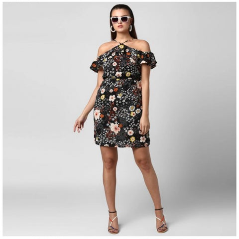 Generic Women's Polyester Floral Cold Shoulder Above Knee Dress (Black)