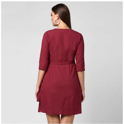 Generic Women's Cotton Solid 3-4th Sleeves Above Knee Dress (Maroon)