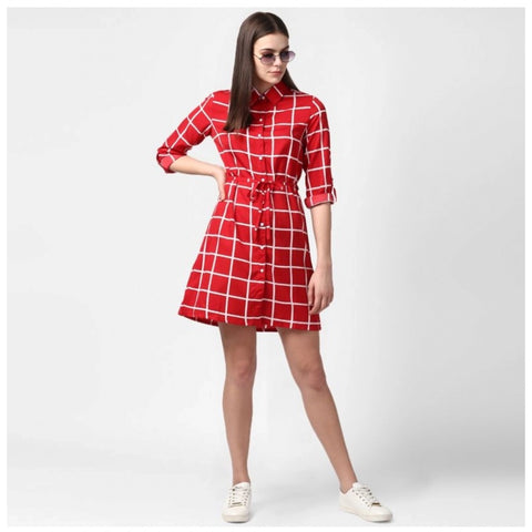 Generic Women's Polyester Checkered Long Sleeves Above Knee Dress (Red)