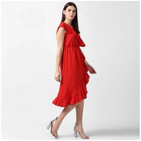 Generic Women's Polyester Ruffled Cap Sleeve Knee-Length Dress (Red)