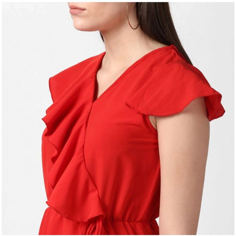 Generic Women's Polyester Ruffled Cap Sleeve Knee-Length Dress (Red)