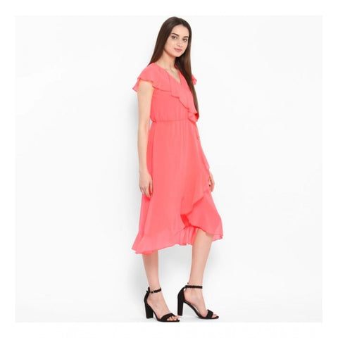 Generic Women's Polyester Ruffled Cap Sleeve Below Knee Dress (Coral Pink)