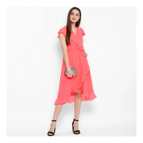 Generic Women's Polyester Ruffled Cap Sleeve Below Knee Dress (Coral Pink)