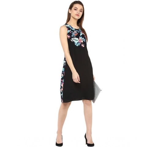 Generic Women's Polyester Printed Sleeveless Above Knee Dress (Black - Multicolor)