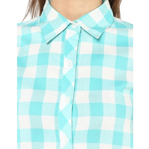 Generic Women's Rayon Checkered Short Sleeve Above Knee Dress (SkuBlue - White)