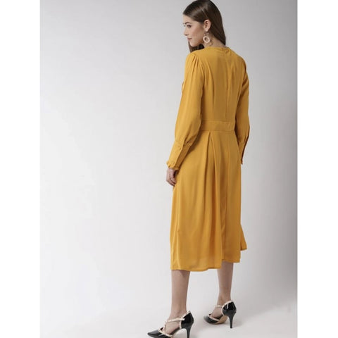 Generic Women's Polyester Pintuck Long Sleeves Below Knee Dress (Yellow)