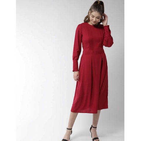 Generic Women's Polyester Pintuck Long Sleeves Below Knee Dress (Red)