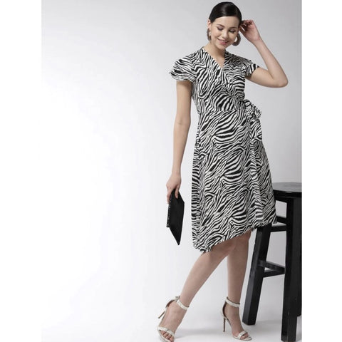 Generic Women's Polyester Animal Print Short Sleeve Knee-Length Dress (Black - White)