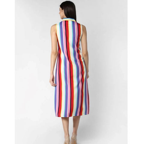 Generic Women's Polyester Striped Sleeveless Calf-length Dress (Multicolor)