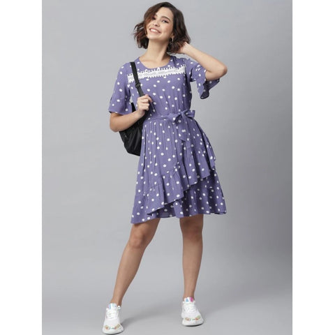 Generic Women's Polyester Polka Bell Sleeve Above Knee Dress (Lavender)