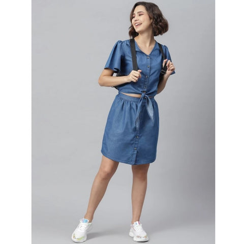 Generic Women's Denim Solid Flutter Above Knee Dress (Blue)