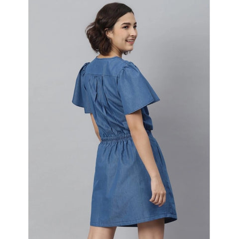 Generic Women's Denim Solid Flutter Above Knee Dress (Blue)