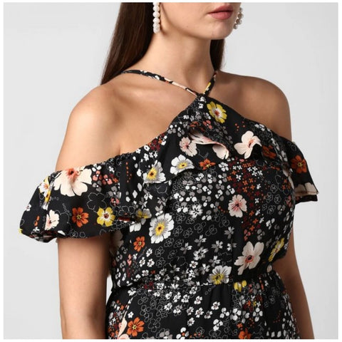 Generic Women's Polyester Floral Cold Shoulder Above Knee Dress (Black)