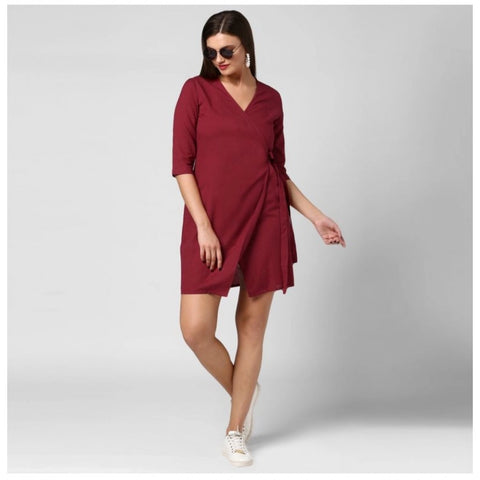 Generic Women's Cotton Solid 3-4th Sleeves Above Knee Dress (Maroon)