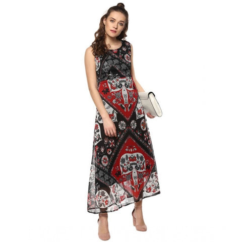 Generic Women's Polyester Printed Sleeveless Dress (Red - Black)