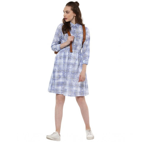 Generic Women's Cotton Checkered Roll Up Sleeve Above Knee Dress (Blue)