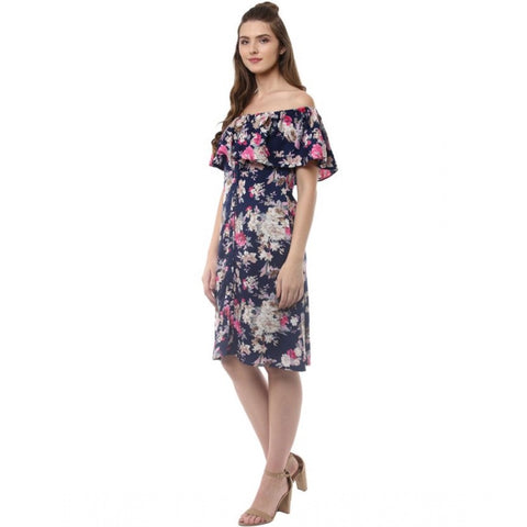 Generic Women's Polyester Crepe Floral Half Sleeve Above Knee Dress (Navy Blue)