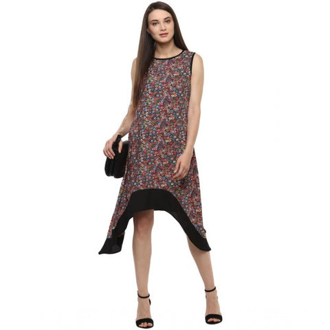 Generic Women's Polyester Printed Sleeveless Knee-Length Dress (Multicolor)