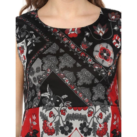 Generic Women's Polyester Printed Sleeveless Dress (Red - Black)