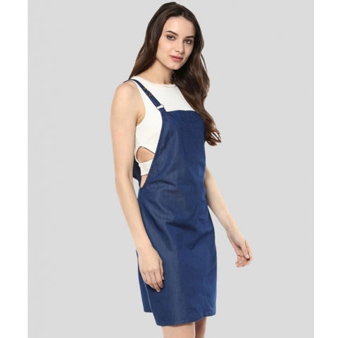 Generic Women's Denim Solid Shoulder Straps Above Knee Dress (Blue)