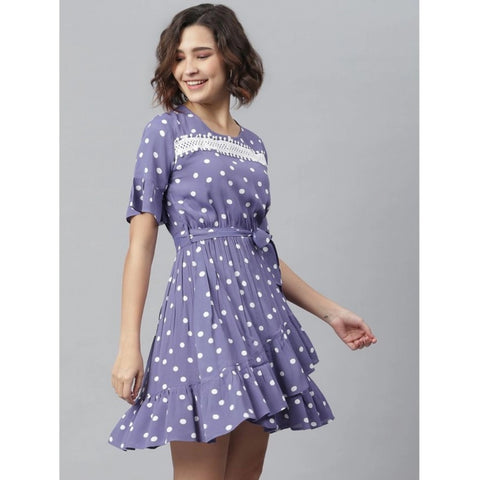 Generic Women's Polyester Polka Bell Sleeve Above Knee Dress (Lavender)