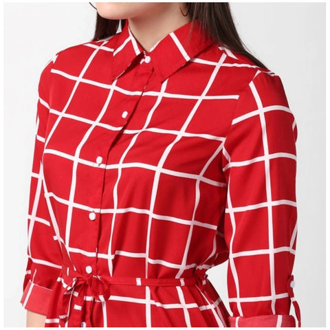 Generic Women's Polyester Checkered Long Sleeves Above Knee Dress (Red)