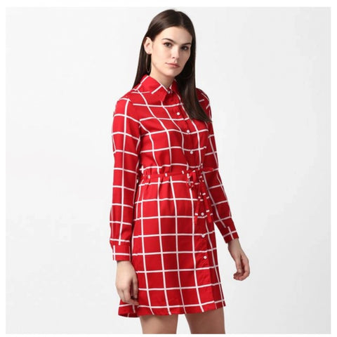 Generic Women's Polyester Checkered Long Sleeves Above Knee Dress (Red)