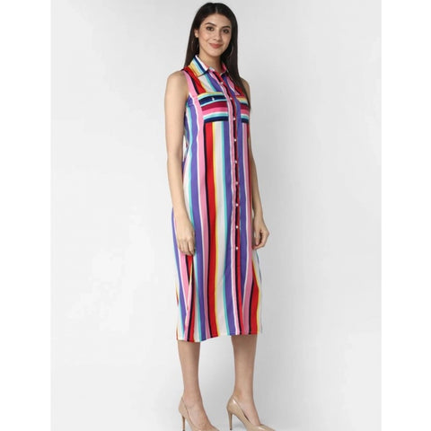 Generic Women's Polyester Striped Sleeveless Calf-length Dress (Multicolor)