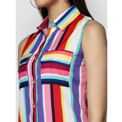 Generic Women's Polyester Striped Sleeveless Calf-length Dress (Multicolor)