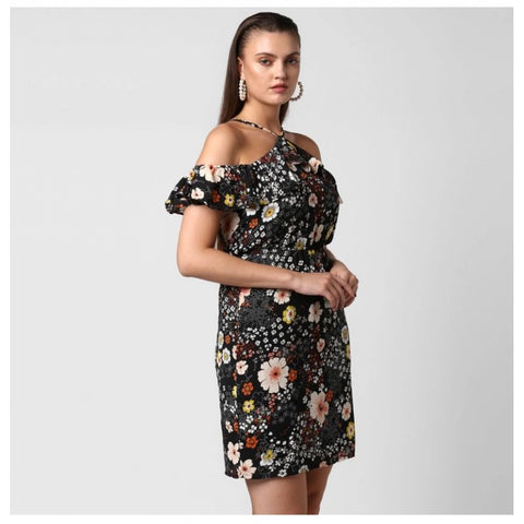 Generic Women's Polyester Floral Cold Shoulder Above Knee Dress (Black)