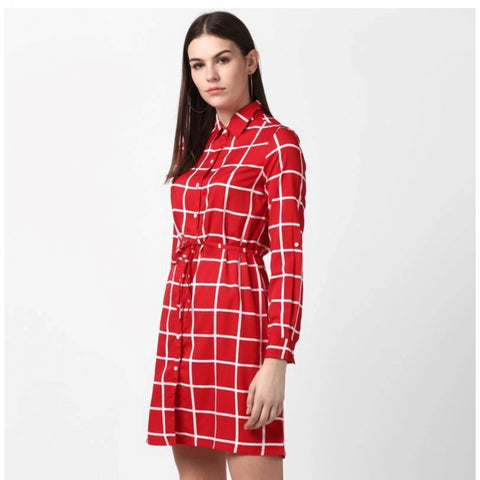 Generic Women's Polyester Checkered Long Sleeves Above Knee Dress (Red)