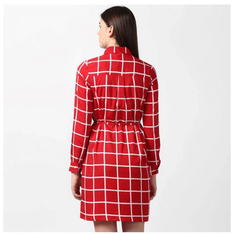 Generic Women's Polyester Checkered Long Sleeves Above Knee Dress (Red)