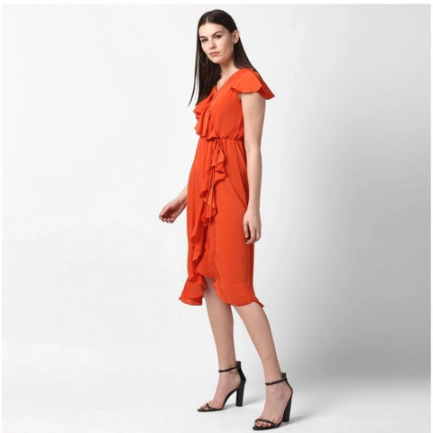 Generic Women's Polyester Ruffled Cap Sleeve Knee-Length Dress (Orange)