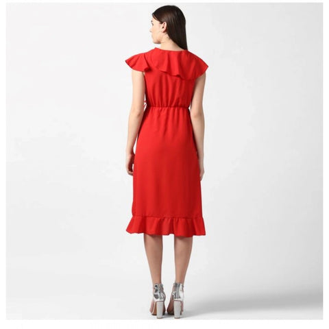 Generic Women's Polyester Ruffled Cap Sleeve Knee-Length Dress (Red)