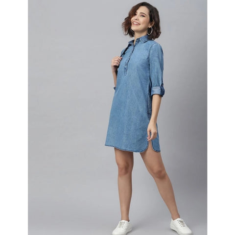 Generic Women's Denim Solid Long Sleeves Above Knee Dress (Ice Blue)