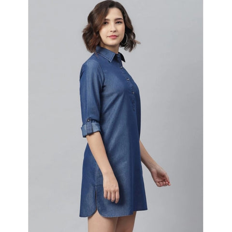 Generic Women's Denim Solid Long Sleeves Above Knee Dress (Navy Blue)