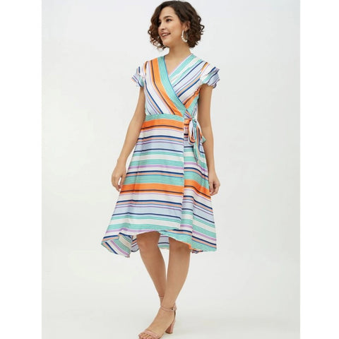 Generic Women's Satin Striped Short Sleeve Knee-Length Dress (Multicolor)