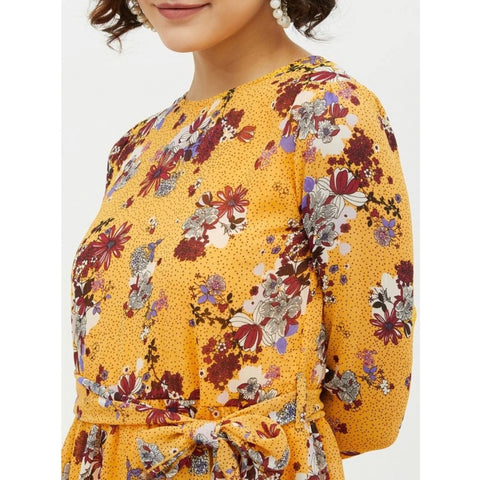 Generic Women's Polyester Floral Long Sleeves Calf-length Dress (Multicolor)