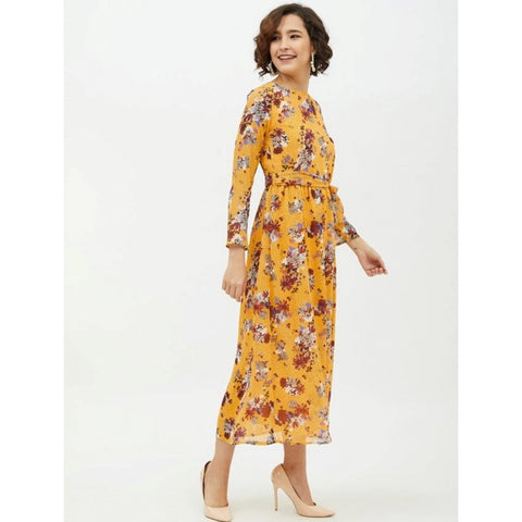 Generic Women's Polyester Floral Long Sleeves Calf-length Dress (Multicolor)