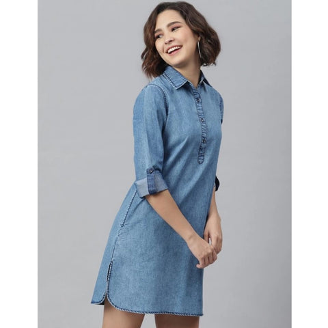 Generic Women's Denim Solid Long Sleeves Above Knee Dress (Ice Blue)