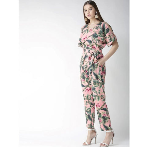 Generic Women's Polyester Floral Half Sleeve Jumpsuit (Pink)