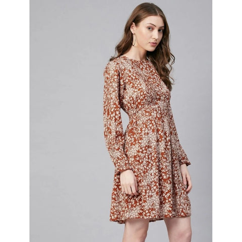 Generic Women's Polyester Floral Long Sleeves Above Knee Dress (Rust)