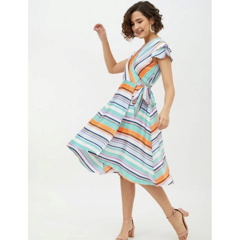 Generic Women's Satin Striped Short Sleeve Knee-Length Dress (Multicolor)