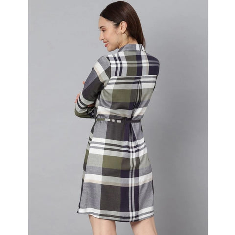 Generic Women's Cotton Checkered Long Sleeves Above Knee Dress (Olive - White)