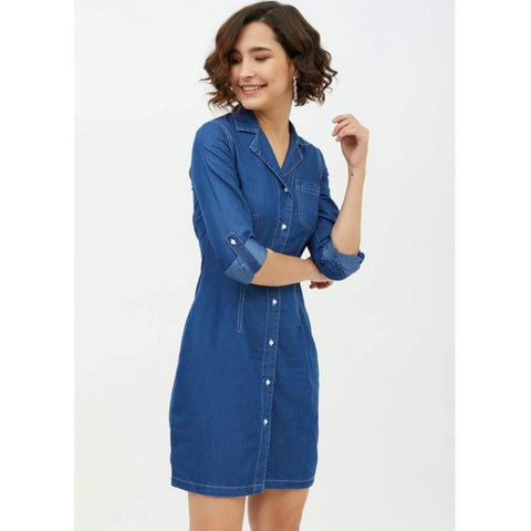 Generic Women's Denim Solid Long Sleeves Above Knee Dress (Blue)