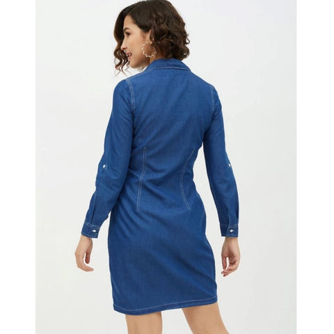 Generic Women's Denim Solid Long Sleeves Above Knee Dress (Blue)