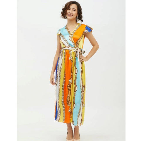 Generic Women's Satin Chain Print Cap Sleeve Calf-length Dress (Multicolor)