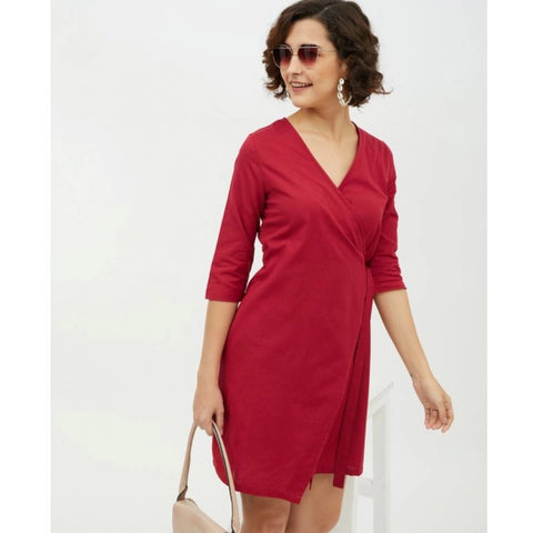 Generic Women's Cotton Wrap 3-4th Sleeves Above Knee Dress (Maroon)