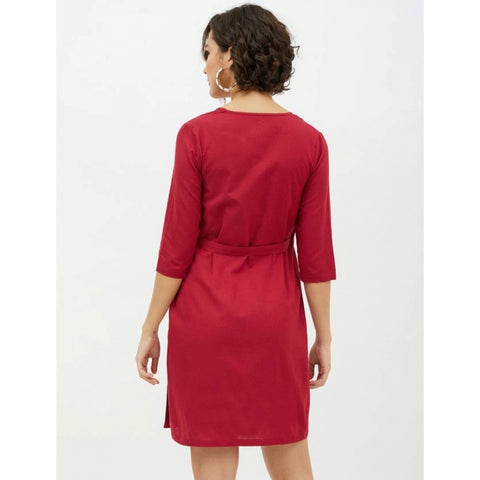 Generic Women's Cotton Wrap 3-4th Sleeves Above Knee Dress (Maroon)